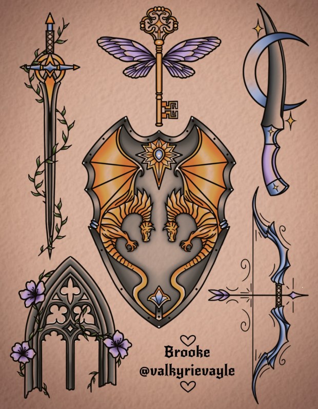 A collection of fantasy-themed illustrations featuring a shield with dragons, a key, a sword, a curved dagger, a bow, and a gothic arch, adorned with flowers.