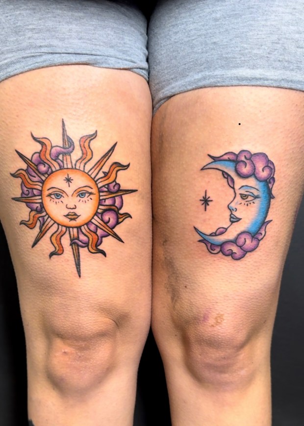 Tattoo design featuring a sun on the left thigh and a moon on the right thigh, both with intricate detailing and vibrant colors.