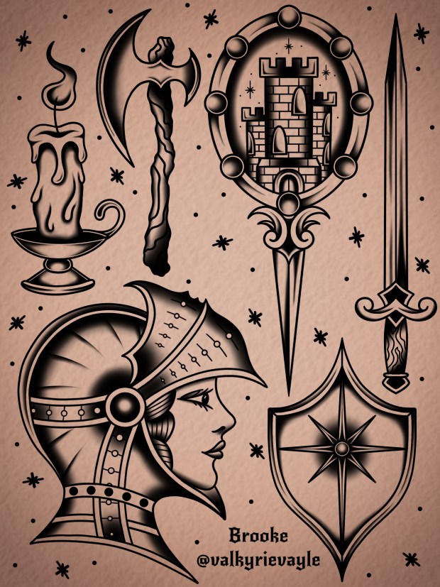 Illustration of a knight helmet, sword, axe, shield, candle, and castle mirror in a black and white design, with decorative star patterns in the background.