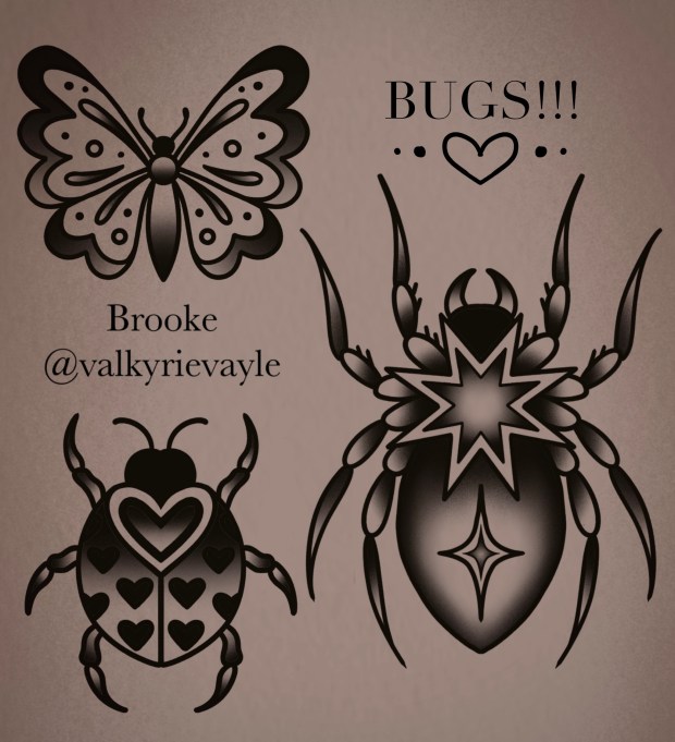 A decorative illustration featuring a butterfly at the top, a ladybug with heart designs in the center, and a stylized spider at the bottom. The text 'BUGS!!!' is displayed prominently above the images, with the name 'Brooke' and the handle '@valkyrievayle' below.