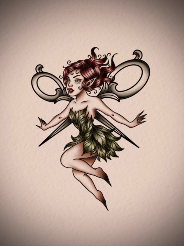 A whimsical fairy girl with red hair and a leafy dress, surrounded by ornate scissor-like wings.