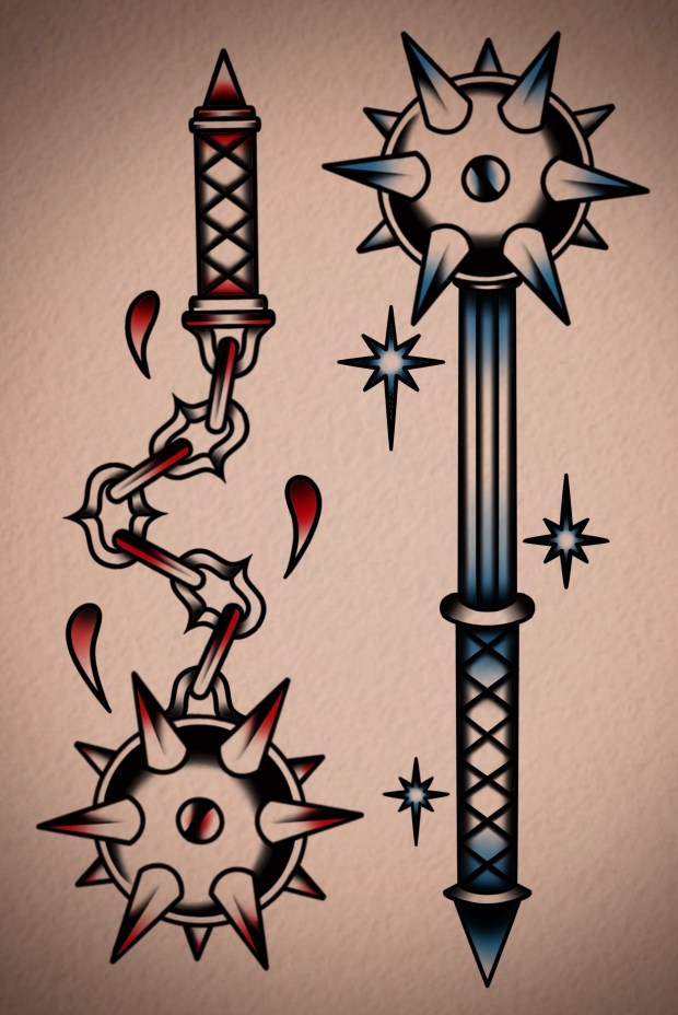 Illustration of two medieval weapons: a chained flail with spikes on the left, and a morning star with a spiked ball on the right.